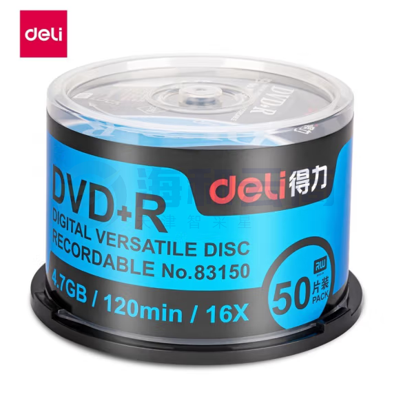 得力(deli)刻录碟片DVD+R光盘刻录盘16速4.7GB可写入视频120分钟 50片/筒 1筒装 83150