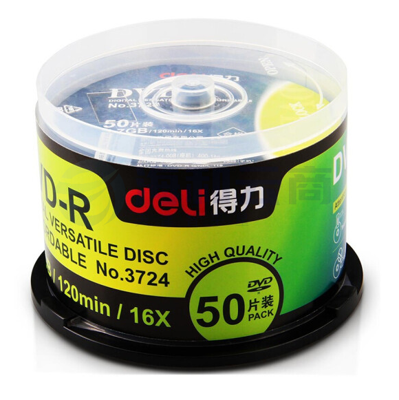 得力(deli)刻录碟片DVD-R光盘刻录盘50片/筒 1筒装 3724
