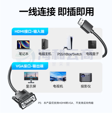 山泽 HDMI转VGA转换器线 高清投屏转接头视频线 电脑笔记本盒子连投影仪电视显示器1米 SHV10