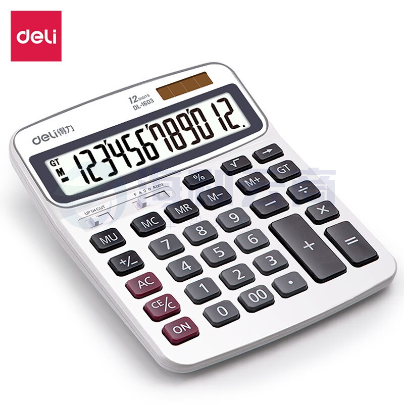 得力(deli)1603 双电源计算器 12位大屏桌面计算机 白色